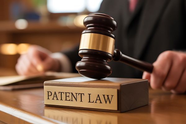 Patent law book with a judge's gavel in a law office.