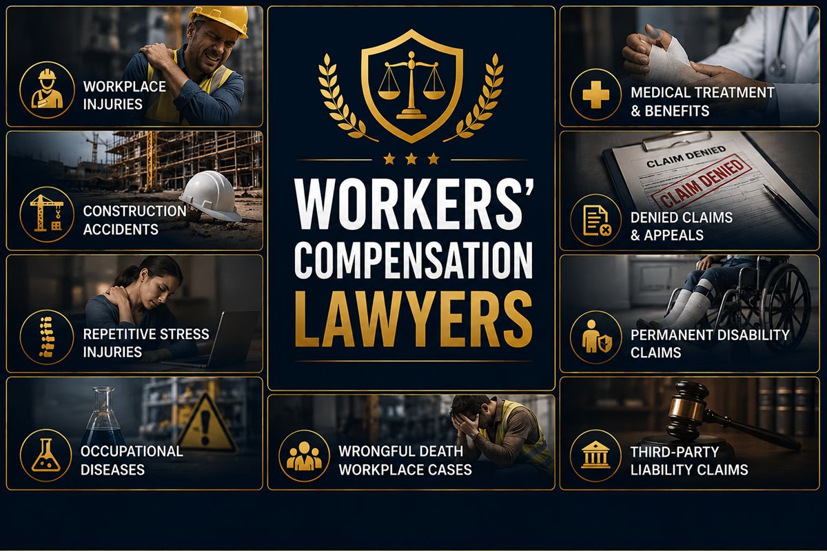 Workers' compensation lawyers practice areas including workplace injuries, construction accidents, occupational diseases, denied claims, permanent disability, third-party liability claims, and wrongful death workplace cases.