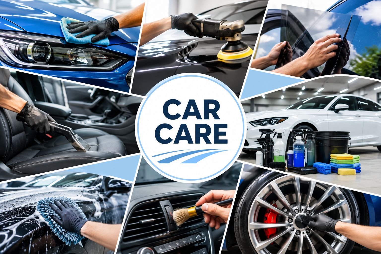 Collage of car care services including detailing, PPF, ceramic coating and window tinting