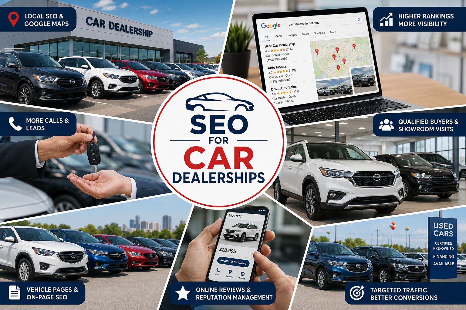 Collage of car dealerships, vehicles, showroom, and online car listings